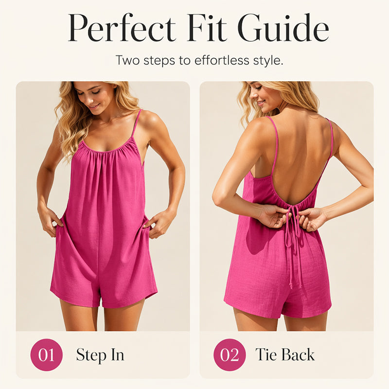 👗☀️ Women’s Backless Summer Romper – Lightweight Fabric, Adjustable Tie Straps & Relaxed Fit ✨