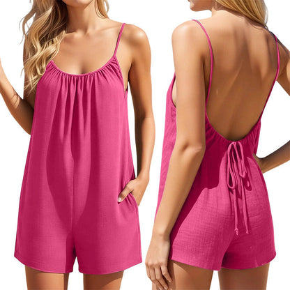 👗☀️ Women’s Backless Summer Romper – Lightweight Fabric, Adjustable Tie Straps & Relaxed Fit ✨