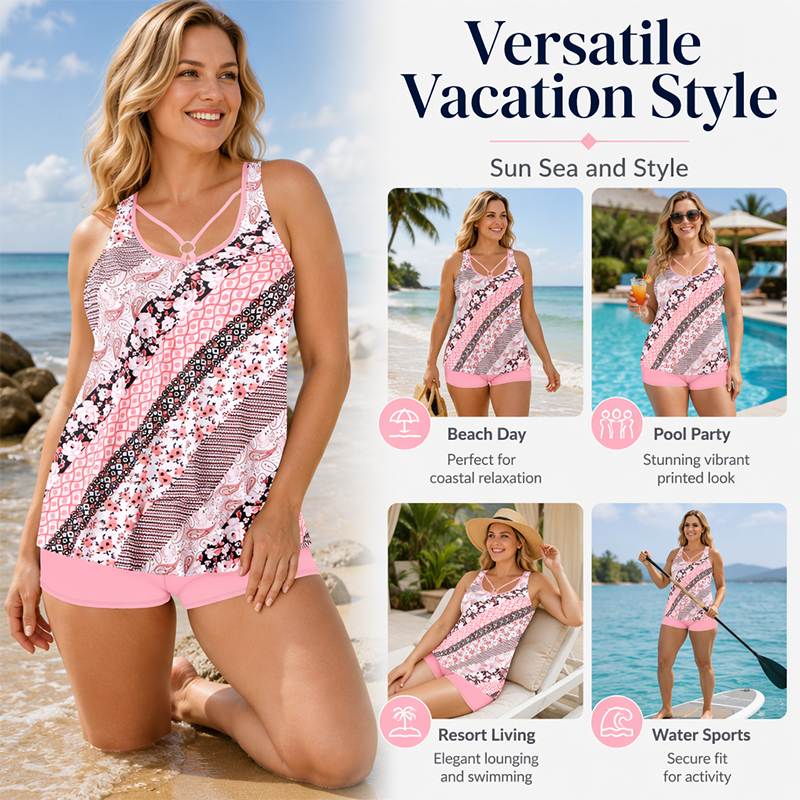 Women Plus Size Two Piece Swimsuit Skirt with Boyshorts Printed Tankini Set