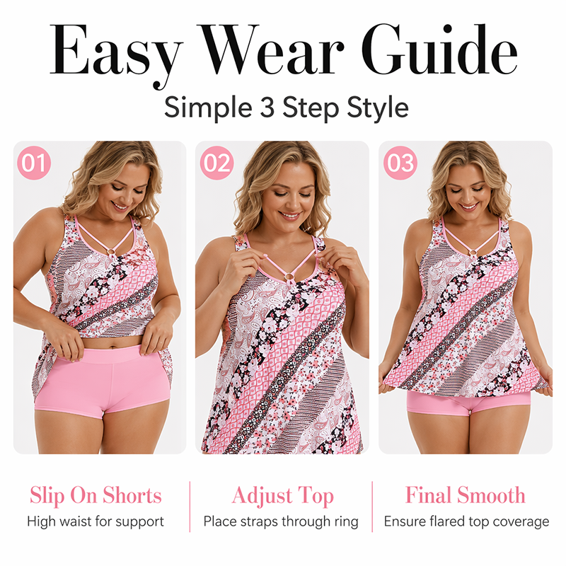 Women Plus Size Two Piece Swimsuit Skirt with Boyshorts Printed Tankini Set