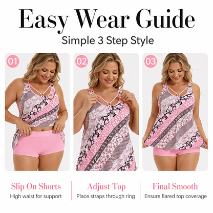 Women Plus Size Two Piece Swimsuit Skirt with Boyshorts Printed Tankini Set