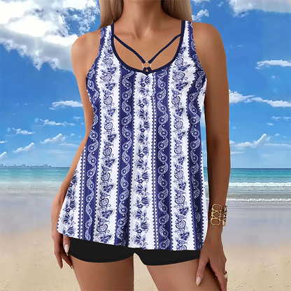 Women Plus Size Two Piece Swimsuit Skirt with Boyshorts Printed Tankini Set