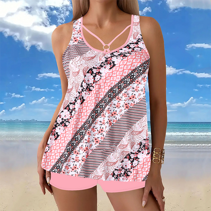 Women Plus Size Two Piece Swimsuit Skirt with Boyshorts Printed Tankini Set