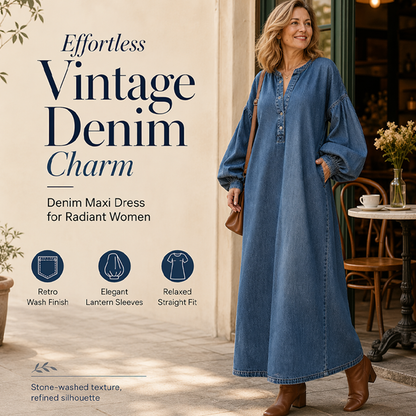 👗 Long Lantern Sleeve Maxi Denim Dress – Flowing Silhouette for Effortless Style