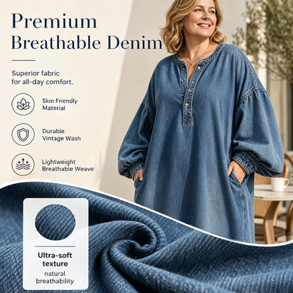 👗 Long Lantern Sleeve Maxi Denim Dress – Flowing Silhouette for Effortless Style
