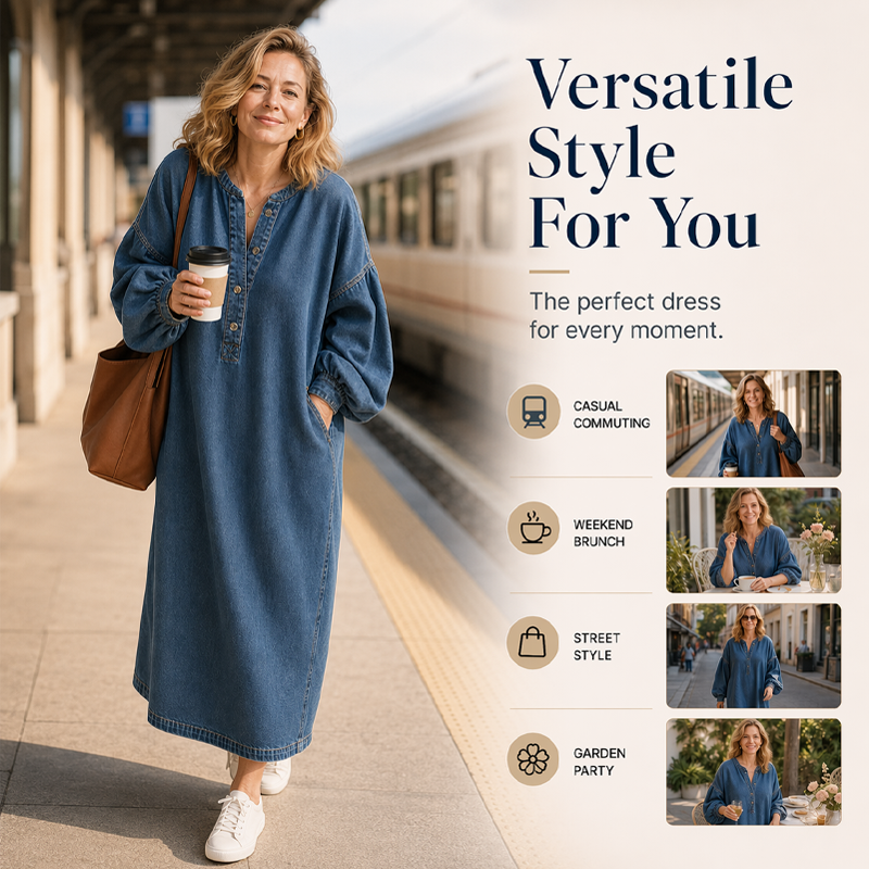 👗 Long Lantern Sleeve Maxi Denim Dress – Flowing Silhouette for Effortless Style