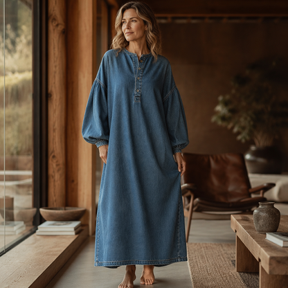 👗 Long Lantern Sleeve Maxi Denim Dress – Flowing Silhouette for Effortless Style