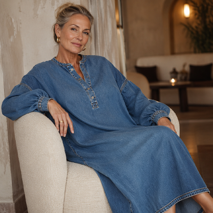 👗 Long Lantern Sleeve Maxi Denim Dress – Flowing Silhouette for Effortless Style