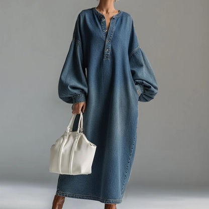 👗 Long Lantern Sleeve Maxi Denim Dress – Flowing Silhouette for Effortless Style