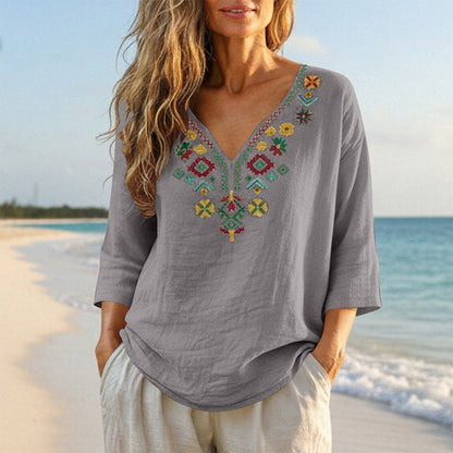 Women's Vintage Floral Embroidery V-Neck Top