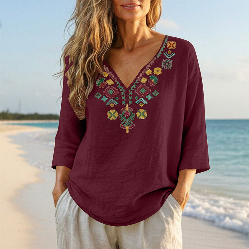 Women's Vintage Floral Embroidery V-Neck Top