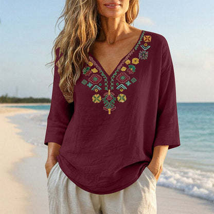 Women's Vintage Floral Embroidery V-Neck Top