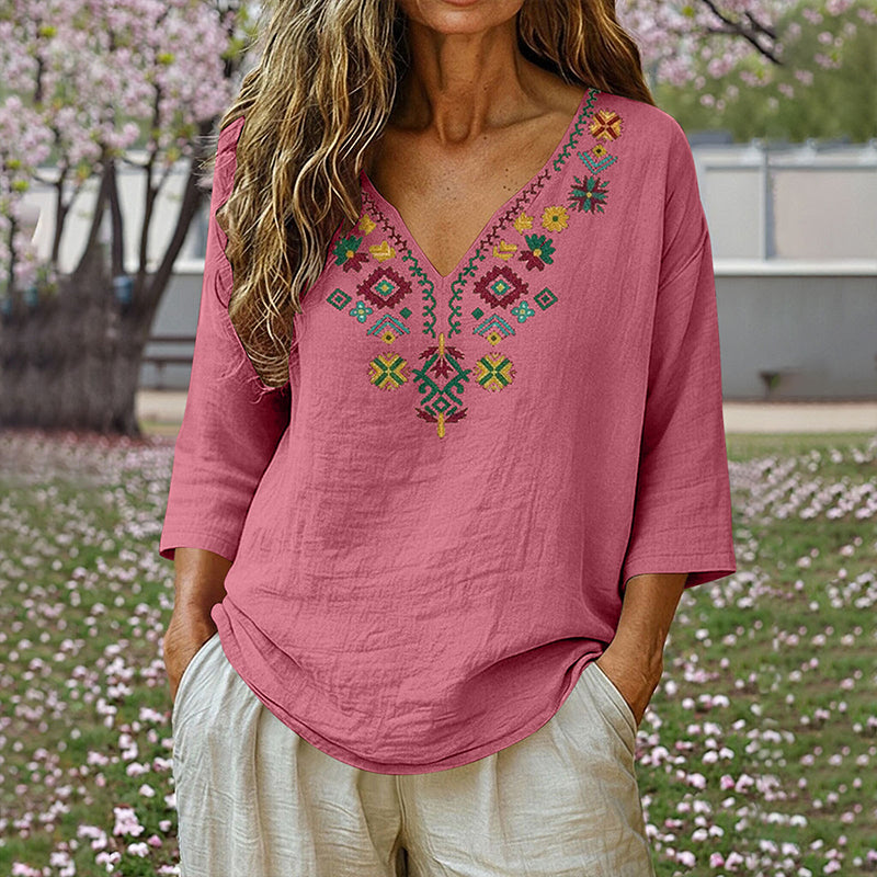 Women's Vintage Floral Embroidery V-Neck Top