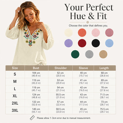 Women's Vintage Floral Embroidery V-Neck Top