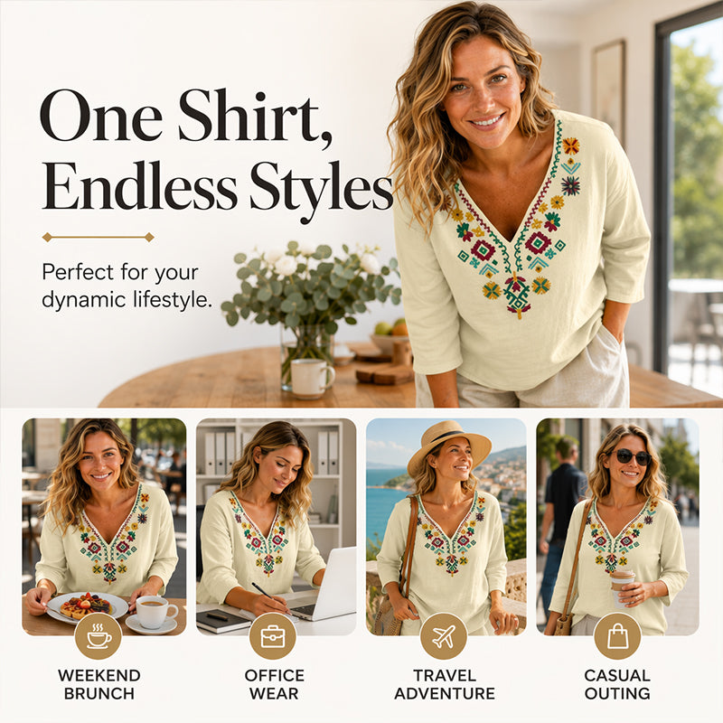 Women's Vintage Floral Embroidery V-Neck Top