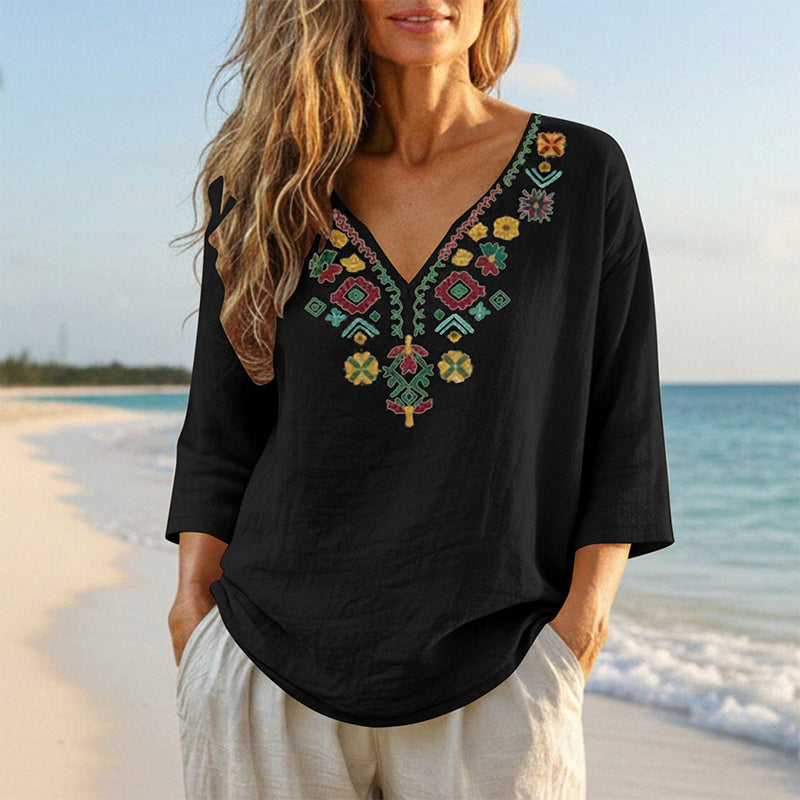 Women's Vintage Floral Embroidery V-Neck Top