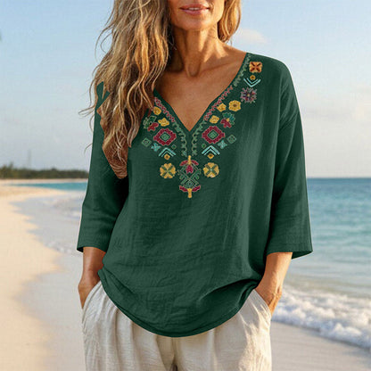 Women's Vintage Floral Embroidery V-Neck Top