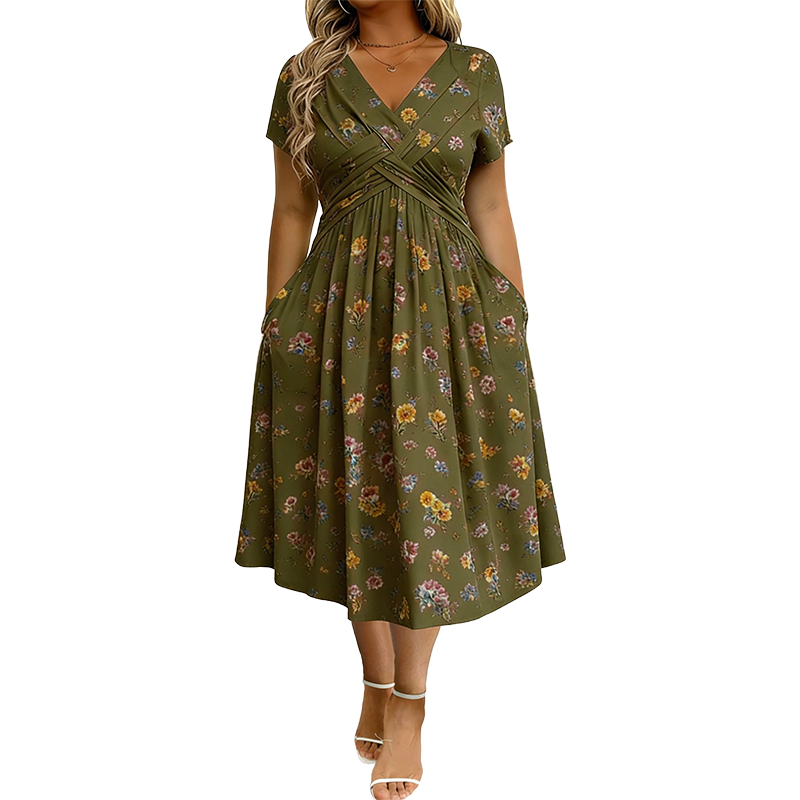 🌸 Floral V-neck dress with a twist at the waist—elegant and casual for any occasion