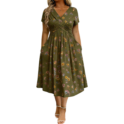 🌸 Floral V-neck dress with a twist at the waist—elegant and casual for any occasion