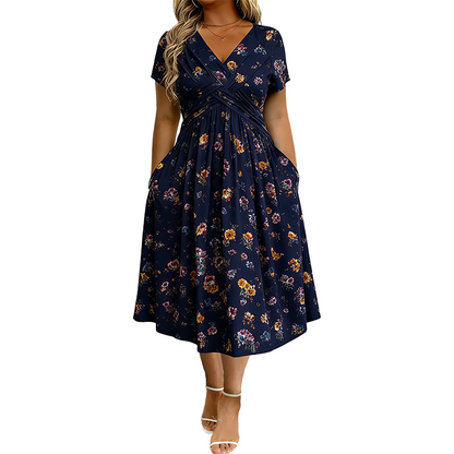 🌸 Floral V-neck dress with a twist at the waist—elegant and casual for any occasion