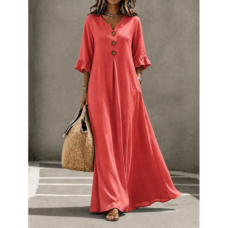 Women's V-Neck Ruffle Sleeve Maxi Dress