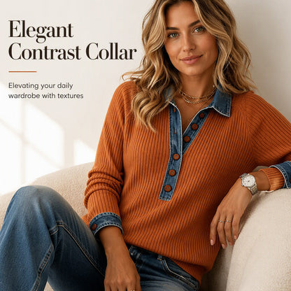 ⌛Limited-Time Offer-Women's Denim Collar Long Sleeve Patchwork Knit Top