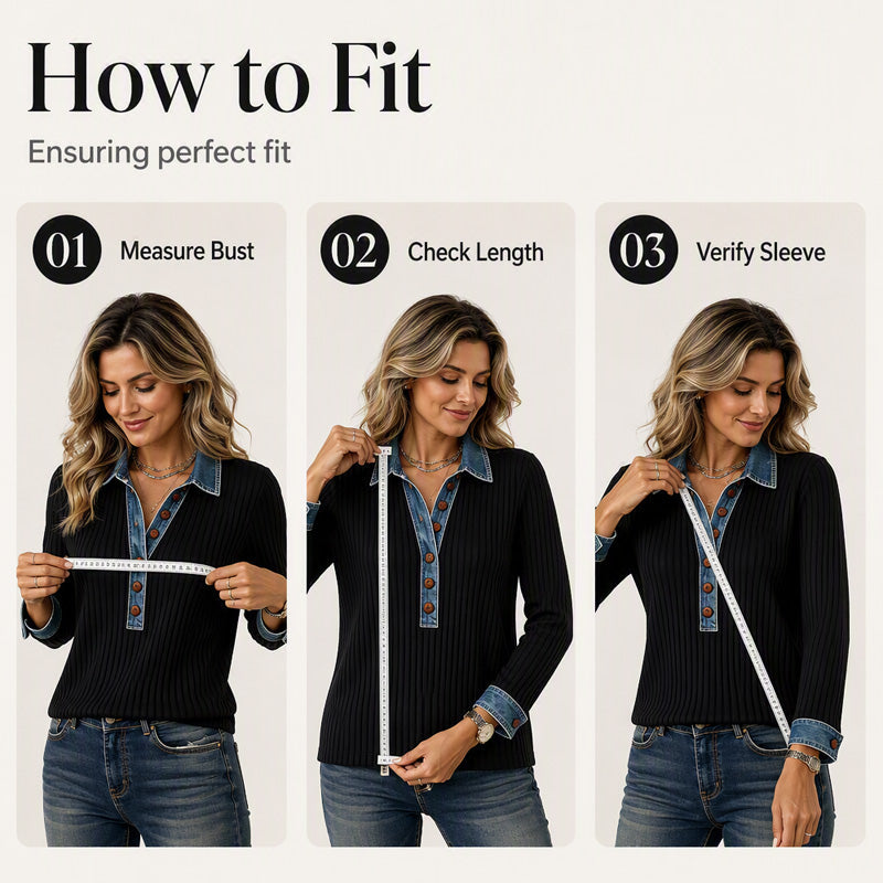 ⌛Limited-Time Offer-Women's Denim Collar Long Sleeve Patchwork Knit Top