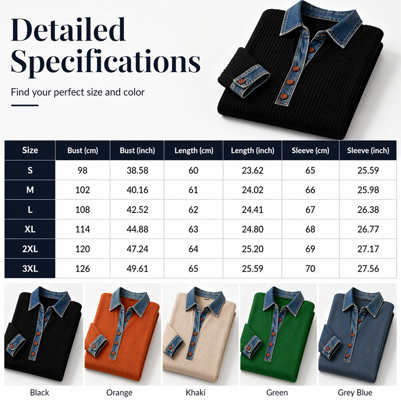 ⌛Limited-Time Offer-Women's Denim Collar Long Sleeve Patchwork Knit Top
