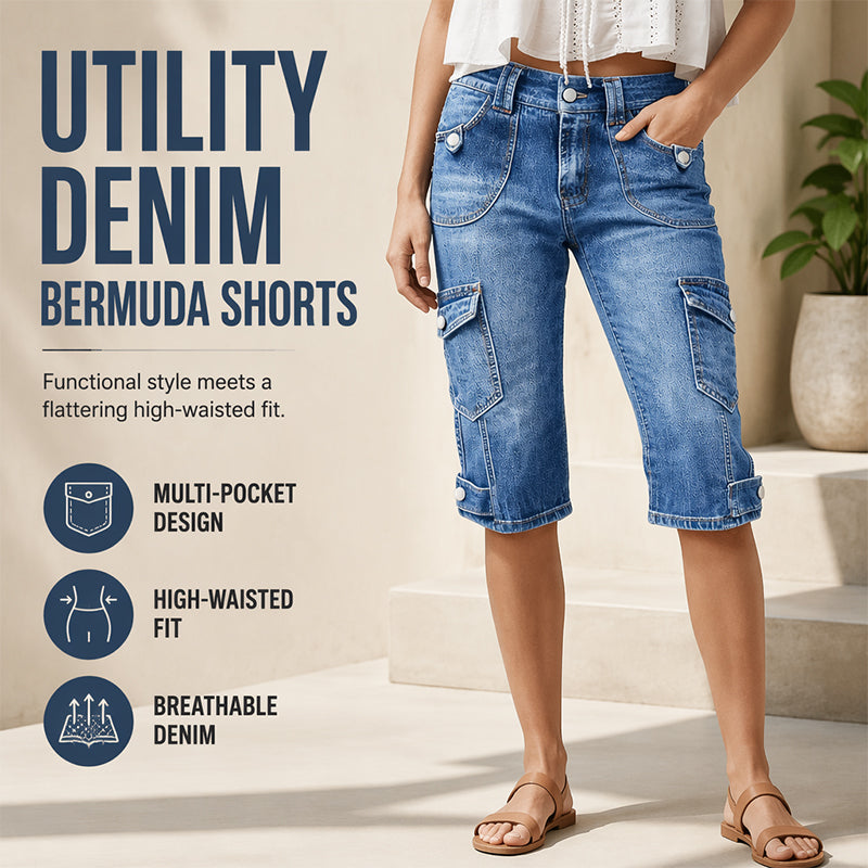 ⌛Limited-Time Offer-Women’s Knee Length Denim Cargo Shorts with Pockets