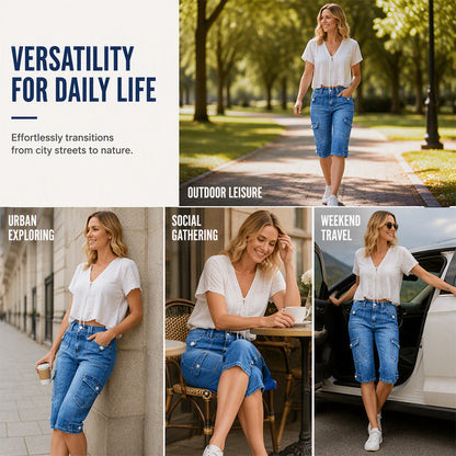 ⌛Limited-Time Offer-Women’s Knee Length Denim Cargo Shorts with Pockets