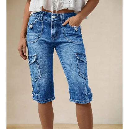 ⌛Limited-Time Offer-Women’s Knee Length Denim Cargo Shorts with Pockets
