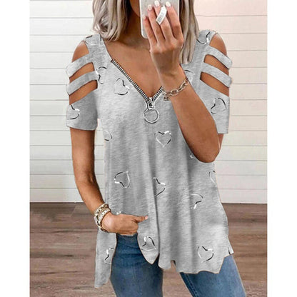⌛Limited-Time Offer-Heart Print V-Neck Zip T-Shirt