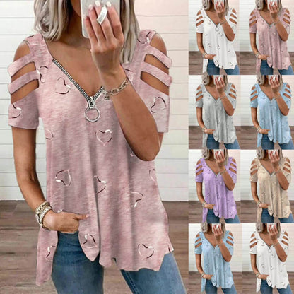 ⌛Limited-Time Offer-Heart Print V-Neck Zip T-Shirt