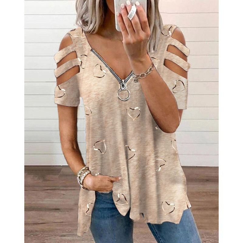 ⌛Limited-Time Offer-Heart Print V-Neck Zip T-Shirt