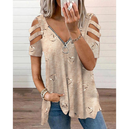 ⌛Limited-Time Offer-Heart Print V-Neck Zip T-Shirt