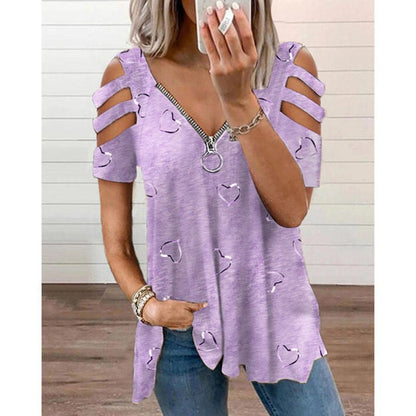 ⌛Limited-Time Offer-Heart Print V-Neck Zip T-Shirt