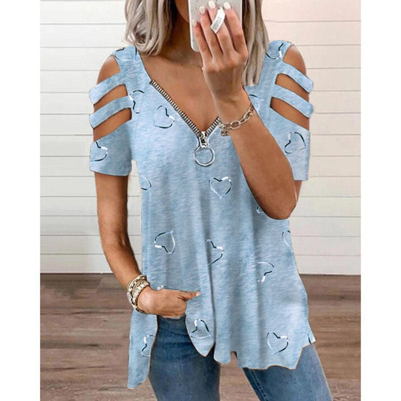 ⌛Limited-Time Offer-Heart Print V-Neck Zip T-Shirt
