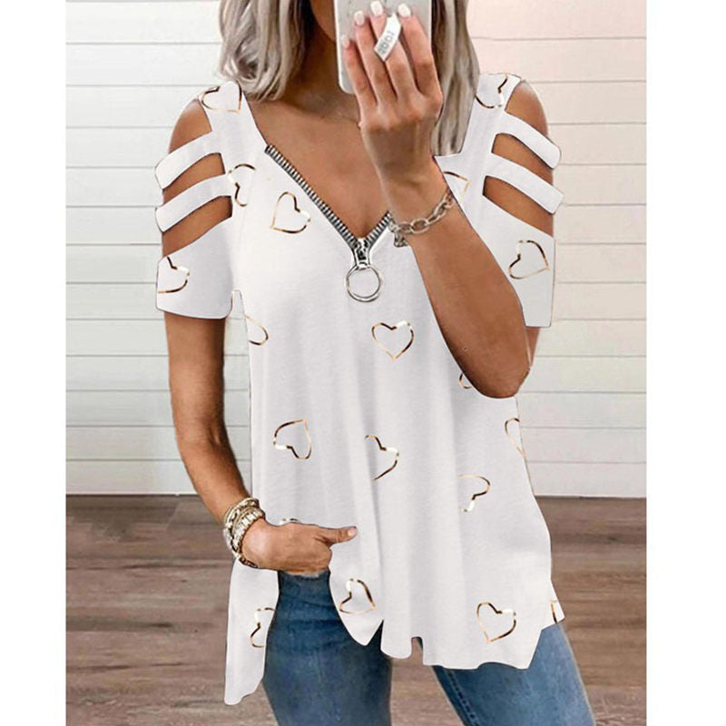 ⌛Limited-Time Offer-Heart Print V-Neck Zip T-Shirt