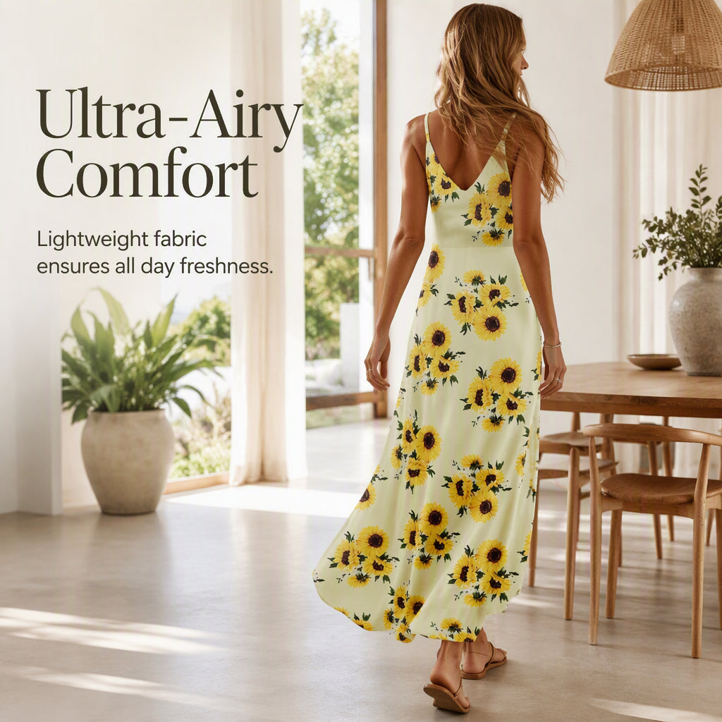 🌻 Women's Sunflower V-Neck Maxi Dress – Lightweight, Flowy & Perfect For Sunny Days ✨