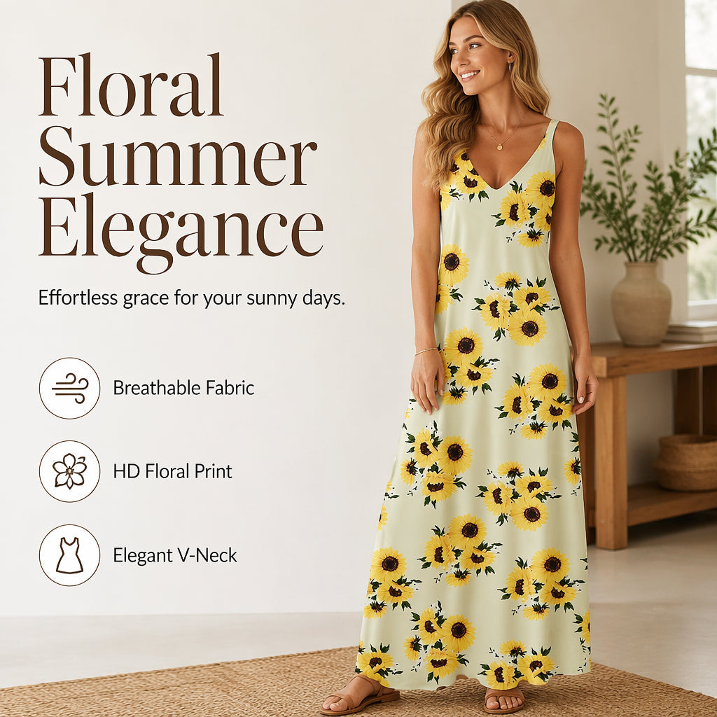 🌻 Women's Sunflower V-Neck Maxi Dress – Lightweight, Flowy & Perfect For Sunny Days ✨