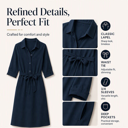 ✨Women's 3/4 Sleeve Shirt Dress with Belt– Effortless Elegance & Flattering Style 🤍