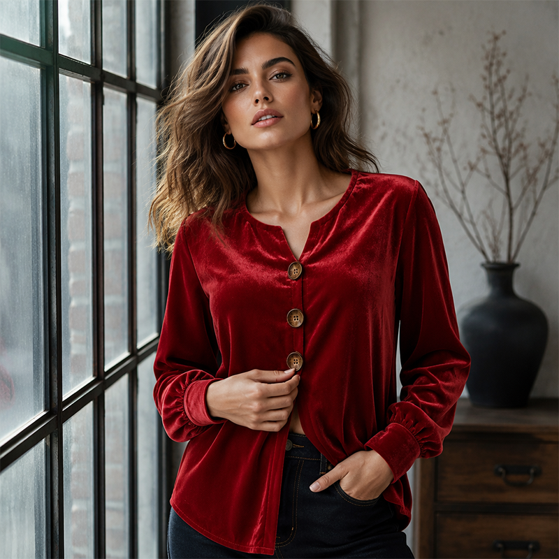 ✨🛍️Fresh Drop - Relaxed Velvet Blouse - Lightweight & Neat Finish for Everyday Elegance