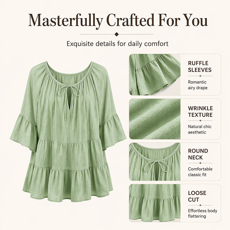 🔥Must-Have👚 Ruffle Tiered Top with 3/4 Sleeves - Elegant Movement & Soft Texture for Effortless Chic
