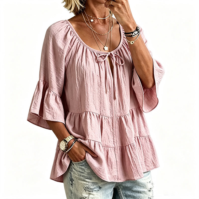🔥Must-Have👚 Ruffle Tiered Top with 3/4 Sleeves - Elegant Movement & Soft Texture for Effortless Chic