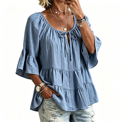 🔥Must-Have👚 Ruffle Tiered Top with 3/4 Sleeves - Elegant Movement & Soft Texture for Effortless Chic