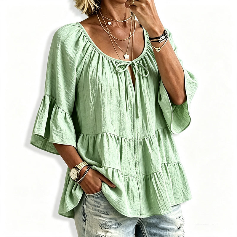 🔥Must-Have👚 Ruffle Tiered Top with 3/4 Sleeves - Elegant Movement & Soft Texture for Effortless Chic