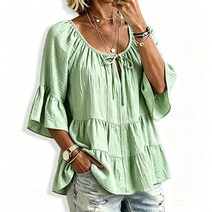 🔥Must-Have👚 Ruffle Tiered Top with 3/4 Sleeves - Elegant Movement & Soft Texture for Effortless Chic