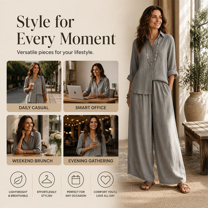 Women's Long Sleeve Shirt & Wide-Leg Pants Set