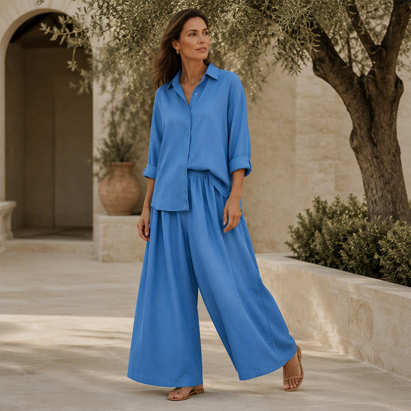 Women's Long Sleeve Shirt & Wide-Leg Pants Set