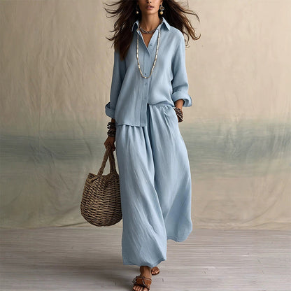 Women's Long Sleeve Shirt & Wide-Leg Pants Set